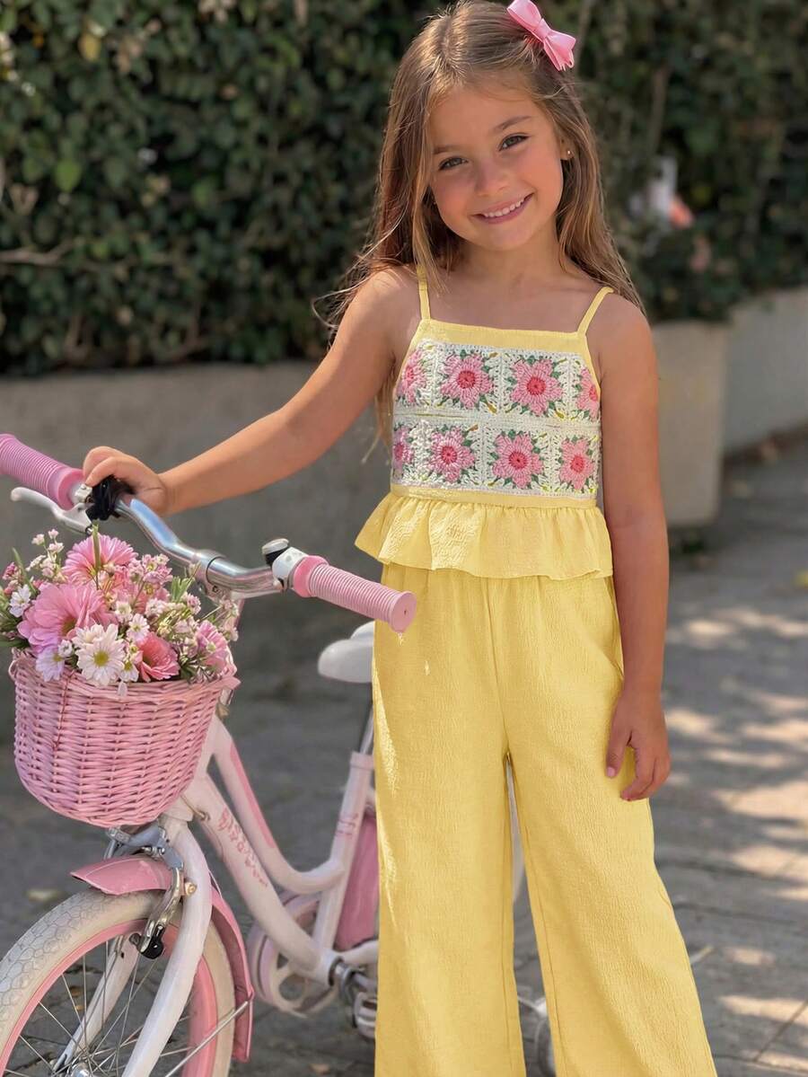 Emery Rose Kids Emery Rose Kids 两件套女童纯色梭织吊带背心和长裤套装 - 黃色 - 查看 1