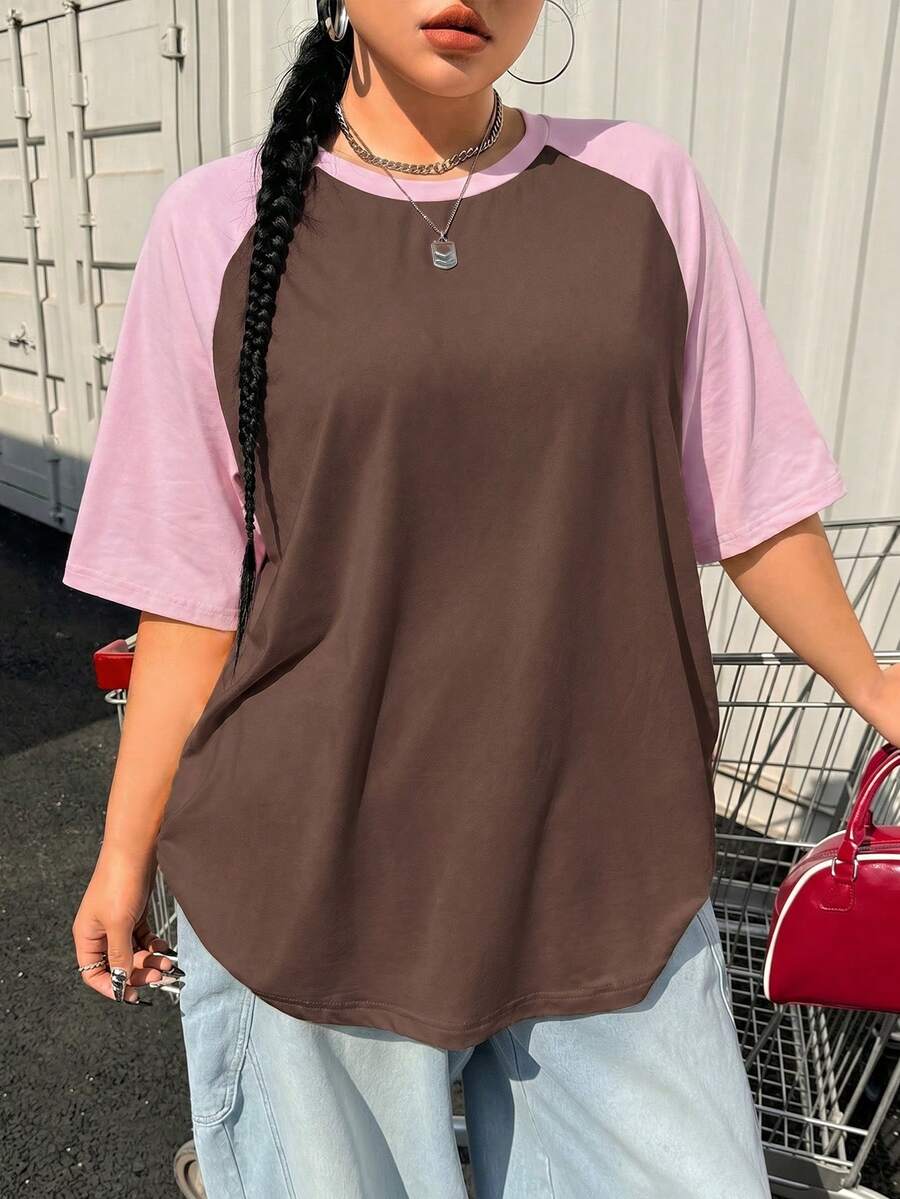 Muchica Camiseta Talla Grande Verano Básica Casual Manga Raglán Multicolor Patchwork Manga Corta Ajuste Holgado - Café integral - Ver 1