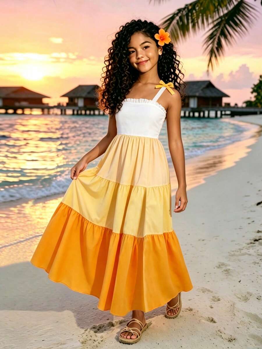 Girls'white And Yellow Summer Cute Strap Dress,Woven Patchwork Layered Design,Decorative Bow Accent,Elegant Color Blocking,Vacation Holiday Wear - Multicolor - View 1