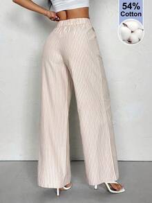 SHEIN PETITE 女款條紋長褲，舒適休閒褲，適合春夏穿著，夏威夷風兩件套，適合嬌小女性 - 卡其色 - 查看 2