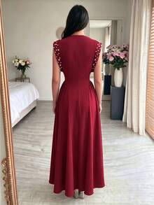 Modelyn Elegant Women's Cowl Neck Dress With Sequin Embellishment, Asymmetric Waist Design And Flared Hem - Burgundy - View 3