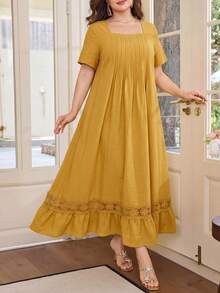 Al Najma Plus Size Women's Elegant Arabic Style Solid Color Linen Fabric Contrast Lace Ruffle Loose Long Dress, Spring/Summer - Yellow - View 4
