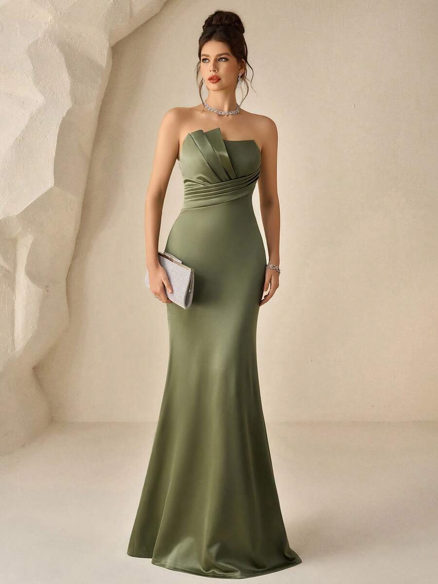 Coutiva Women's Solid Color Asymmetrical Strapless 3D Pleated Design Fitted Formal Evening Gown Wedding Guest Mermaid Strapless Dress  Embellished - Green - View 1