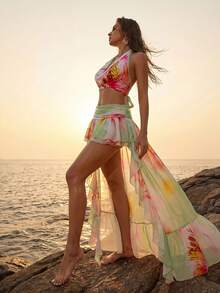 Bonvoyette Women's 2-Piece Set, Random Print Halter Backless Top And Beach Vacation Layered Ruffle Hem Skirt, Spring/Summer - Multicolor - View 4