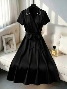 GlowEve CURVE Plus Size Elegant Versatile Beaded Dress Office Black And White Summer - Black - View 1