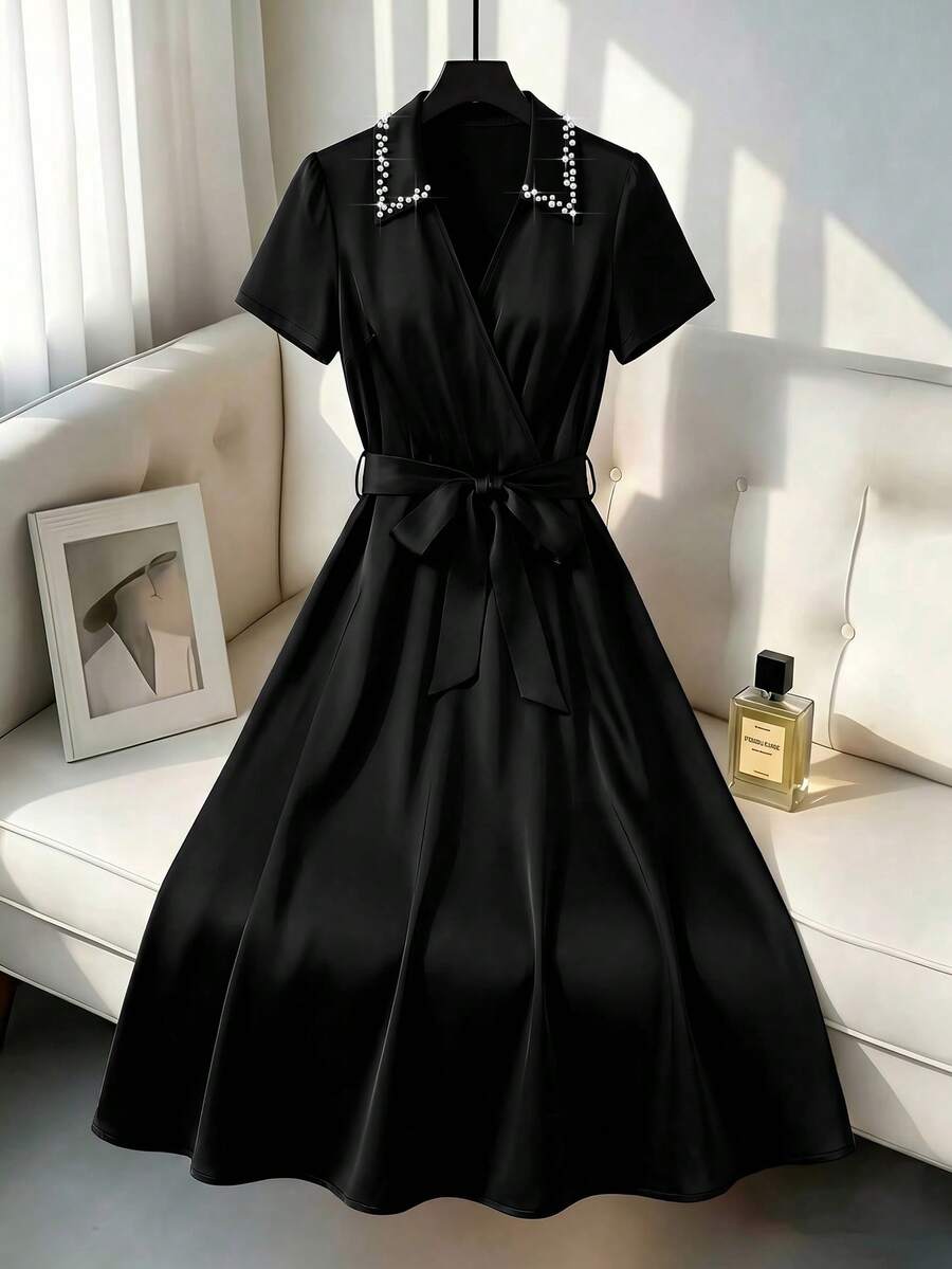 GlowEve CURVE Plus Size Elegant Versatile Beaded Dress Office Black And White Summer - Black - View 1