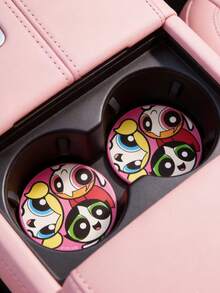 THE POWERPUFF GIRLS X SHEIN PU皮革汽車杯墊，防震、通用、時尚，可放入汽車杯架，亦可用作汽車或居家辦公室杯墊，友誼、氣泡、花朵、毛茛 - A - 查看 3