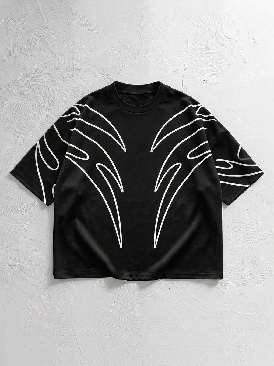 NORVETH Casual Men's Graphic Print Round Neck Short Sleeve T-Shirt Mens Crew Neck Printed T Shirt Street Style Men Graphic Boxy Oversized T-Shirt Mens Streetwear Shirts Oversized Graphic Tees Men - Black - View 1