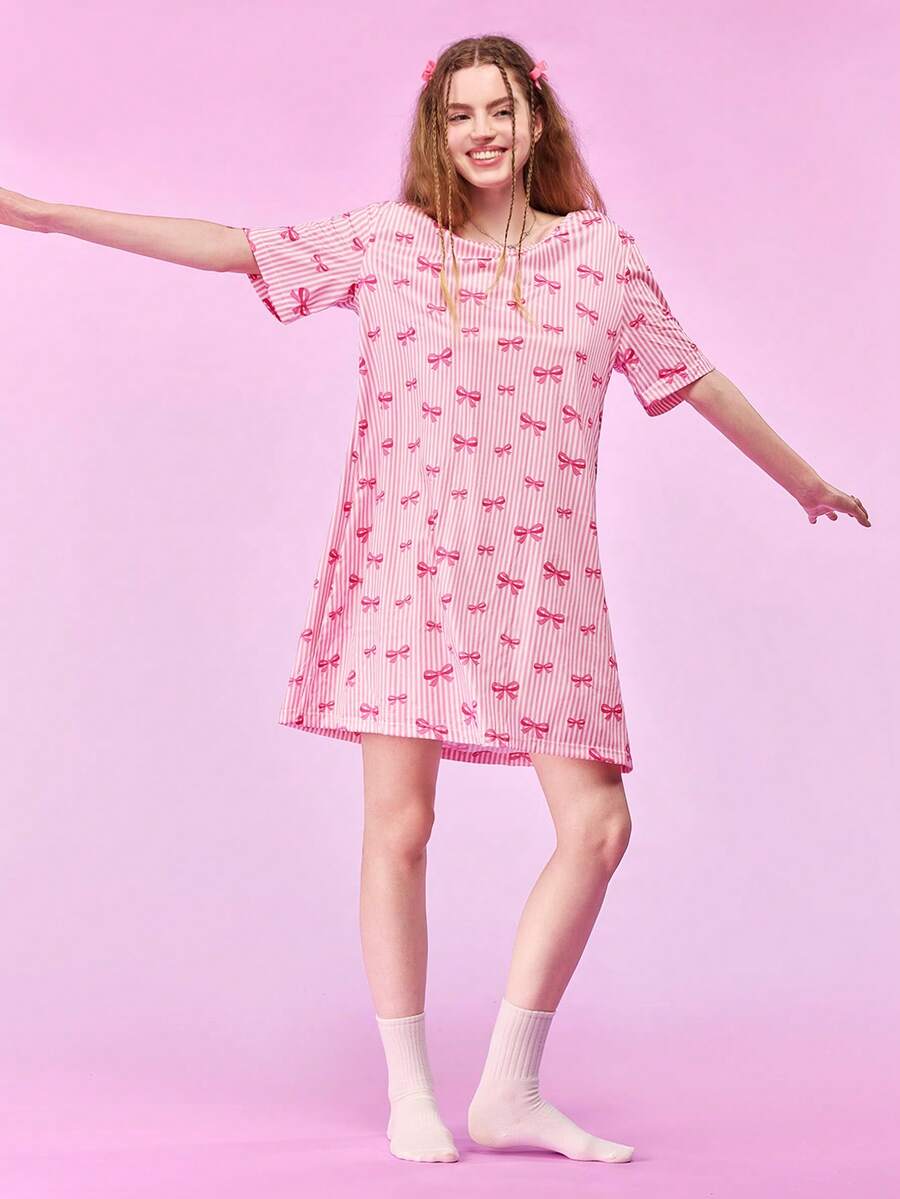 SHEIN Women's Short Sleeve Round Neck Striped Nightgown - Pink - View 1