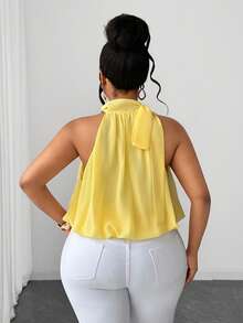 Maweii Plus Size Women Solid Color Pleated Casual Elegant Fashion Halter Neck Blouse Date Night Light Yellow Summer - Yellow - View 2