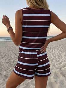 SHEIN LUNE Women's Casual Round Neck Tank Top And Shorts 2 Pieces Set, Suitable For Summer,Summer Outfits For Women - Multicolor - View 2