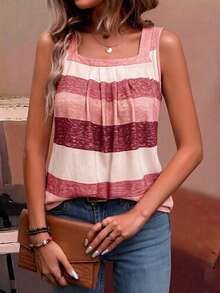EMERY ROSE Holiday Casual Color Block Striped Tank Top Graphic Tees Women Tops - Pink - View 4