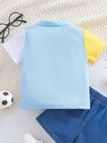 1件嬰幼兒男童休閒不對稱配色拼接 Polo 衫上衣 夏季男童上衣衣服 - 彩色 - 查看 2