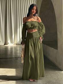 Opulessa 春夏度假純色編織露肩上衣 & 裙子 女款兩件套 - 軍綠色 - 查看 3