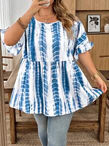SHEIN CURVE+ Curve 加大码 US22 音乐节、海滨度假、波西米亚风 CURVE PLUS / / 女士格纹印花衬衫，适合春夏波西米亚风度假，休闲娃娃风衬衫 - 藍白色 - 查看 5