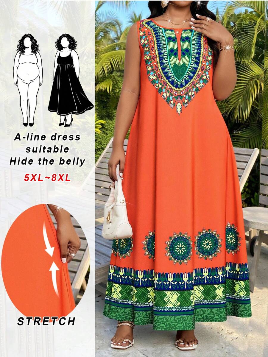 SHEIN CURVE+ Đầm không tay in hoa dành cho nữ cỡ lớn, trang phục mùa hè, trang phục đi nghỉ mát cho nữ, quần áo mùa thu cho nữ, mùa đông, CURVE PLUS - Nhiều màu - Xem 1