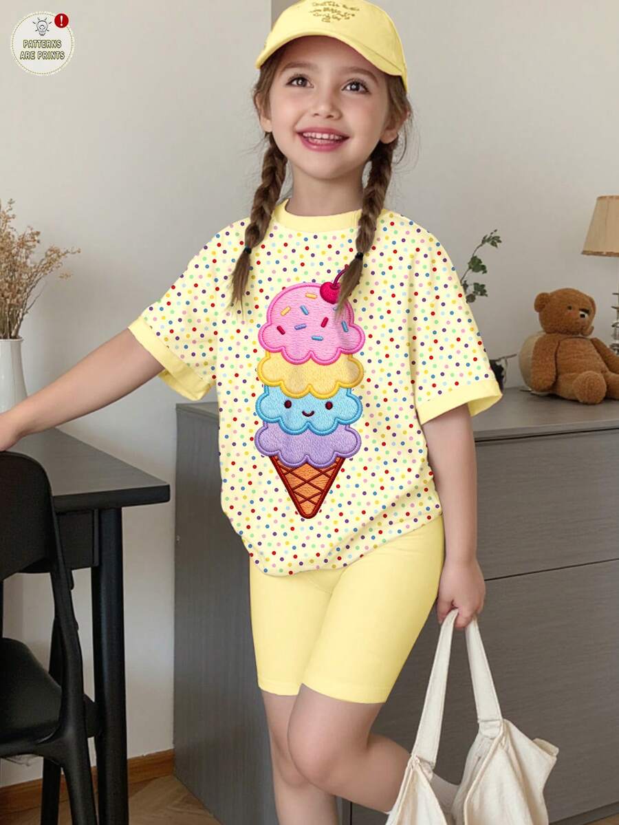 2件/套,少女簡約休閒可愛夏季冰淇淋圖案,彩色圓點印花,甜美奶油風,度假風,圓領短袖T恤 & 緊身內搭褲套裝,適合春/夏季,日常穿著,度假,旅行 - 彩色 - 查看 1