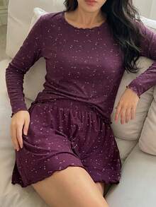 DAZY 舒適碎花印花 2件組長袖T恤 & 短版睡褲夏季女款睡衣套裝 - 紫色 - 查看 5