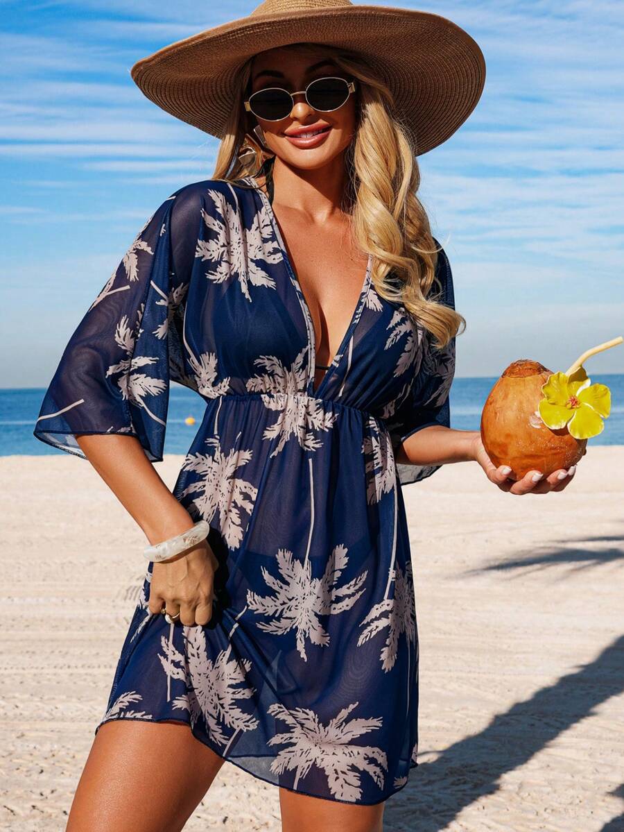 Swim Lushoire Women's Spring/Summer Beach Outfit, Printed Waist-Cinched 3/4 Sleeve V-Neck Vacation Dress, Cover-Up Dress - Navy Blue - View 1
