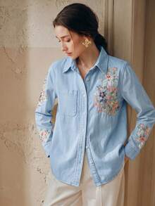 Camisa de manga larga azul con bordado floral grande elegante y romántica para mujer, moda primavera/verano, para fiesta de San Valentín y vacaciones, con jeans - Beis - Ver 3
