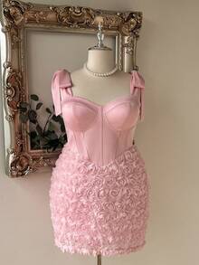 Lovelzi Plus Size Elegant Romantic Sexy Pink Strapless 3D Floral Fabric Waist-Defining Bodycon Short Party Wedding Cocktail Dress Wedding Spring - Pink - View 10