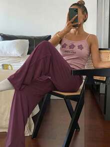 DAZY 極簡星星印花寬鬆短袖上衣與長褲 2 件組女款居家服套裝 夏季睡衣 - 淺灰紫 - 查看 4
