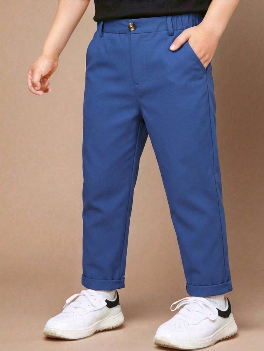 Souflis Souflis Young Boy Casual Solid Color Pants With Single Button Decor And Slant Pockets,Elastic Waist Design For Summer,Back-To-School,Daily Wear And Travel - Blue - View 1