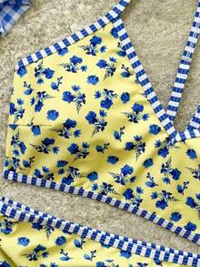 Swim SPRTY 2pcs/Set Pakaian Pantai Musim Panas Wanita, Atasan Tali Bahu Motif Acak Warna dan Bawahan Bikini Pinggang Tinggi - MultiWarna - View 6
