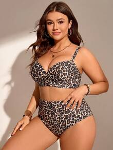 Swim Lushoire 大码女式两件套吊带豹纹印花带衬垫时尚简约比基尼泳装套装 - 棕色 - 查看 3