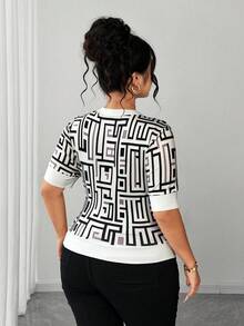 Elenzga Plus Size Women's Summer New Knit Square Neck Print Single Breasted Slimming Regular Short Sleeve Top T-Shirt Suitable For Daily Casual Elegant Work - Black and White - View 2