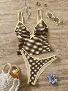 Swim Mod 2件組女款夏季格紋肩帶露背蝴蝶結上衣與比基尼泳褲海灘度假比基尼套裝 - 彩色 - 查看 1