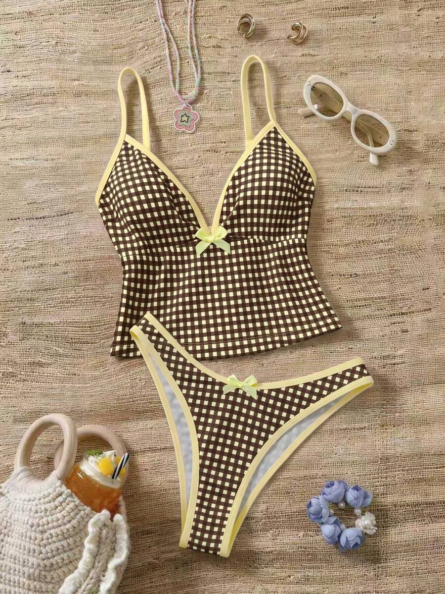Swim Mod 2件組女款夏季格紋肩帶露背蝴蝶結上衣與比基尼泳褲海灘度假比基尼套裝 - 彩色 - 查看 1