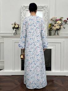 Al Najma Loose Fit White & Blue Butterfly Print Embellished Long Dress, Spring/Summer - Multicolor - View 3