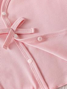 SHEIN Newborn Girls Sweet Outfit Autumn Light Pink Pastel Pink Bow Print + Apricot Pink Long Sleeve Pants 3 Pieces Set Ribbed Soft Family Matching - Multicolor - View 5