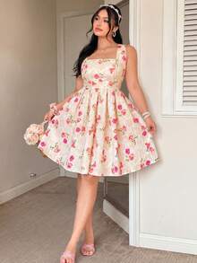FleurLily Vestido de mujer de talla grande con tirantes anchos, cintura alta y falda acampanada - Albaricoque - Ver 7