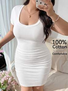 CovetEZ Comfortable Cotton Square Neck Short Sleeve Casual Slim Fit Plus Size Dress, White - White - View 5