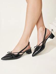 CUCCOO CHICEST Black Oily Leather Pointed Bow Slingback Thick Heel Sandals, Workplace Commuting Temperament Shoes - Avocado black - View 5