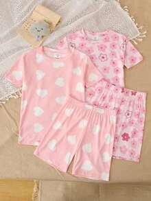SHEIN Set Piyama Rumah Kasual Sehari-hari untuk Anak Perempuan Remaja, Atasan Lengan Pendek Leher Bulat Motif Seluruh Permukaan dan Celana Pendek, 4 Potong - Berwarna merah muda - View 3
