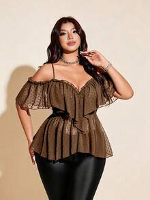 Viva Relle Plus Size Women's Sexy Off-Shoulder Backless Ruffle Trim Blouse - Brown - View 1