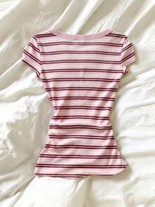 SHEIN Camiseta de manga corta ajustada con botones y rayas, casual de verano para mujer - Multicolor - Ver 2
