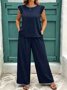 EMERY ROSE Casual Minimalist Plus Size Printed Two Pieces Set - Navy Blue - View 4
