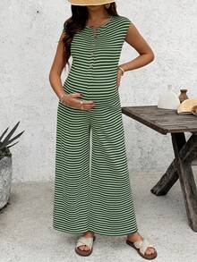 SHEIN Mono de maternidad sin mangas con patrón de rayas en bloques de color y abotonadura sencilla - Verde - Ver 5