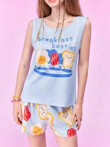 Notgurli Fried Egg Print Camisole Shorts Pajama Set For Women Loungewear Aqua Blue Summer Cute - Multicolor - View 2