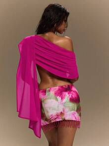 TypaGal Summer Tropical Sexy Vacation Pink Festival Y2K Ibiza Club Night Carnival Party Beach Women's Solid Color Asymmetric Neckline Cropped Wrap Top - Hot Pink - View 2