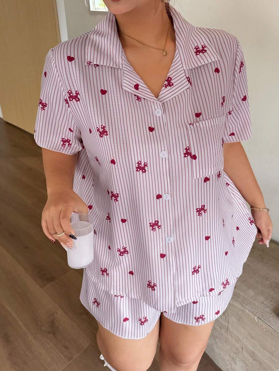 Dream Adore Set Piyama Kardigan dan Celana Pendek Motif Garis-Garis dan Pita Hati, Ukuran Besar - Merah - View 1