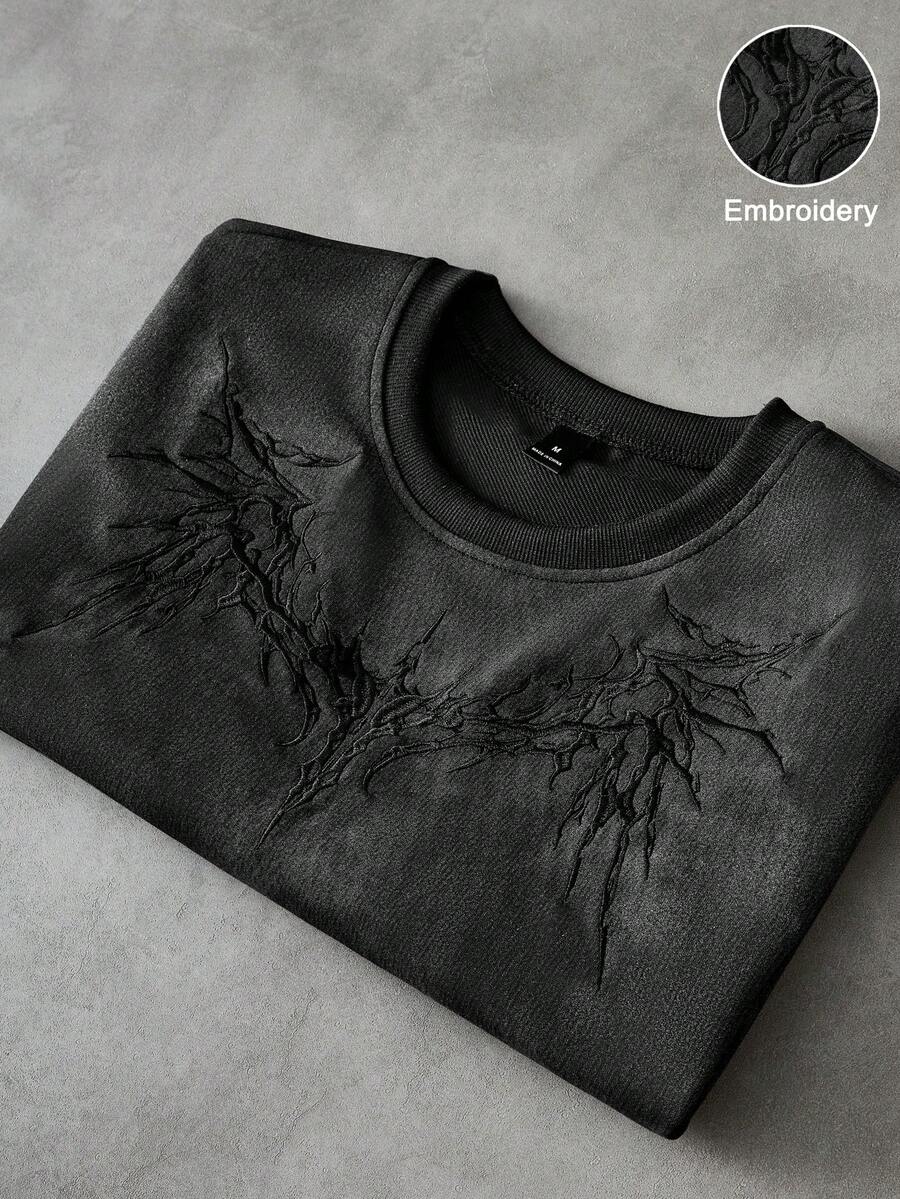 PAVTROS Kaos Pria Hitam Gaya Street Wear Musim Panas, Pola Bordir Gelap 3D, Kaos Bergaya Washed Distressed untuk Acara Malam Hari, Hadiah untuk Pacar, Suami, atau Ulang Tahun - Hitam - View 1