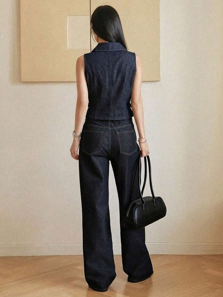 Women's Solid Color Minimalist Daily Sleeveless Top And Jeans Set, Spring/Summer