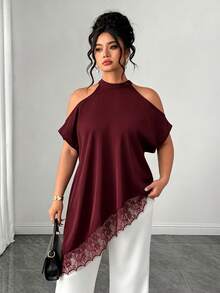 Elenzga Plus Size Summer Fashion Casual Vacation French Vintage Elegant Commuter Lace Patchwork Off-Shoulder Blouse - Burgundy - View 3