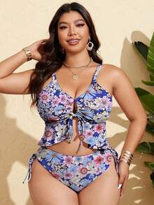 Swim Mod Plus Size Women's Light Blue Bottom Floral Ruffle Bust Tie-Front Pants Side Drawstring Two Pieces Vacation Swimsuit Beach Vacation Summer Boho - Multicolor - View 4