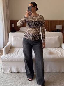 Dripcurv Plus Size Women's Leopard Print Casual Versatile Daily Wear Long Sleeve Top - Multicolor - View 5